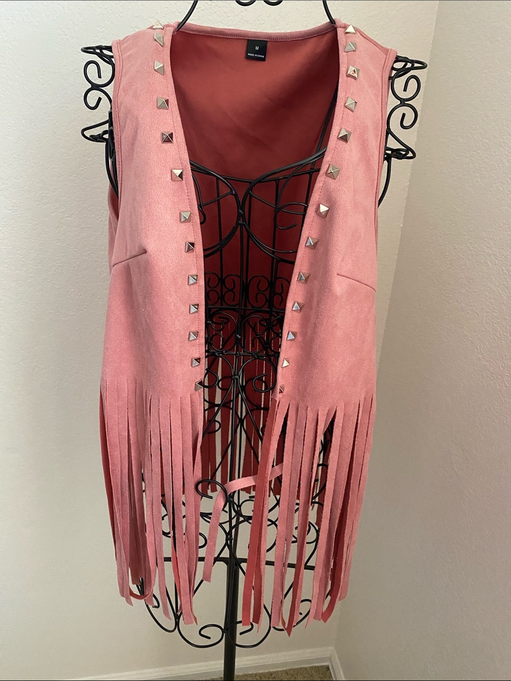 Pink Faux Suede Fringe Vest with Stud Details